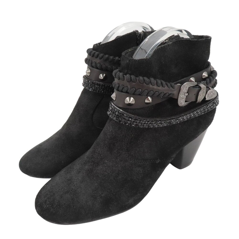 Aldo Womens 8 Black Suede Leather Buckle Stud Strap Western Cowboy Ankle Boots